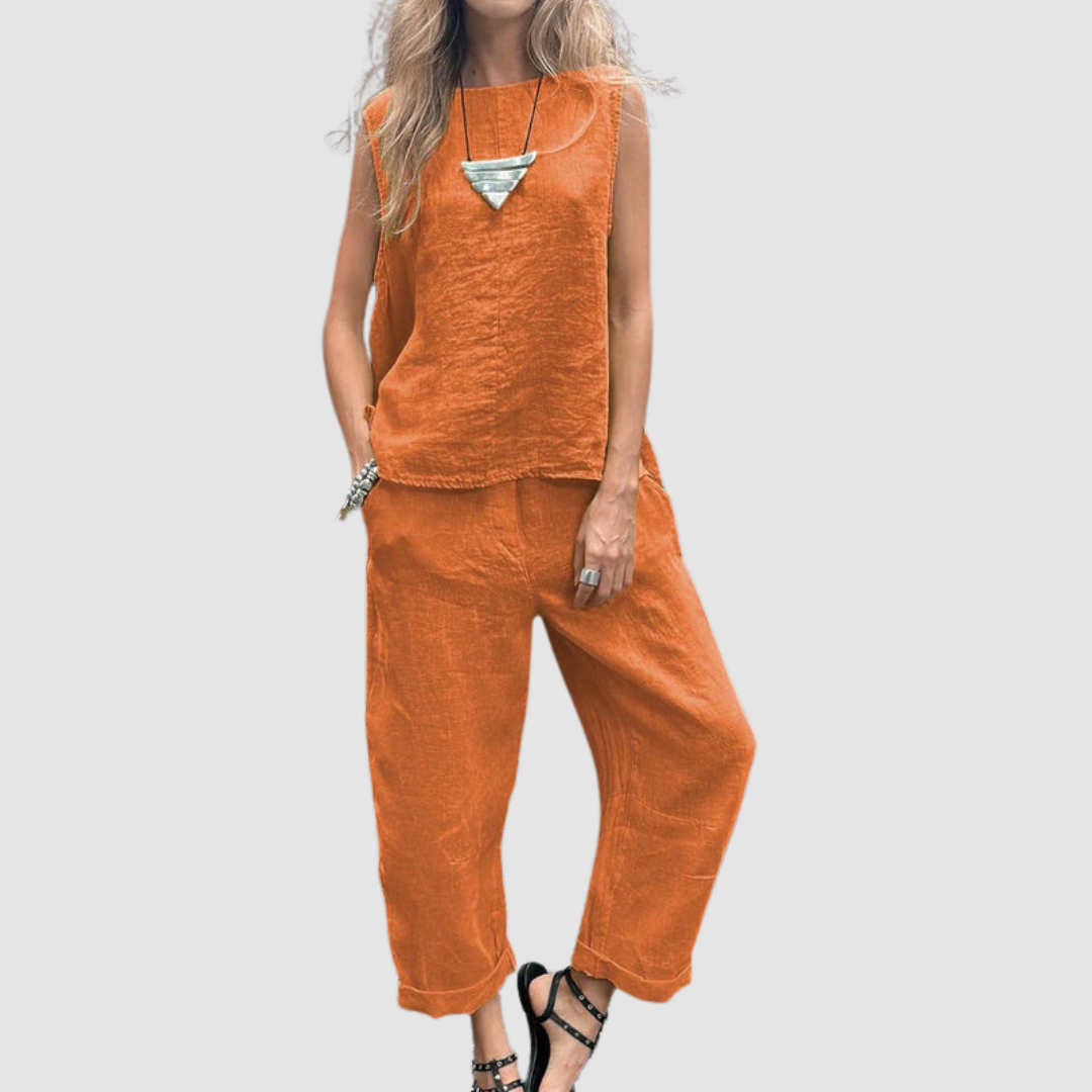 Sleeveless Linen Look Top and Tapered Pants Two Piece Set 2