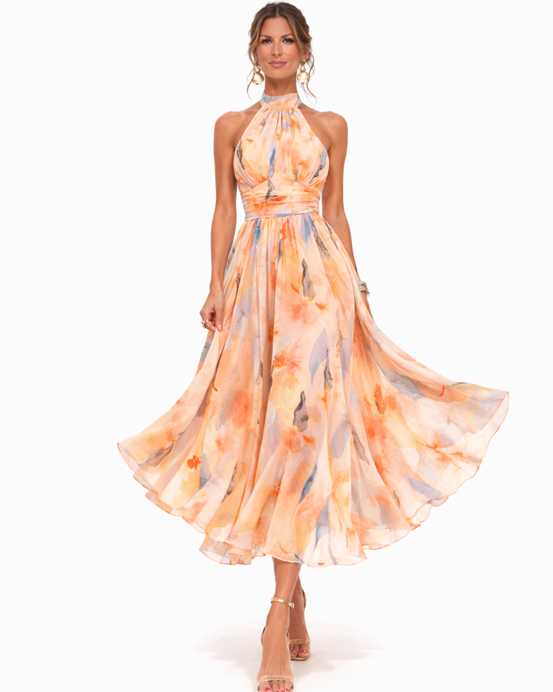 Watercolor Floral Halter Neck A-Line Midi Dress 3