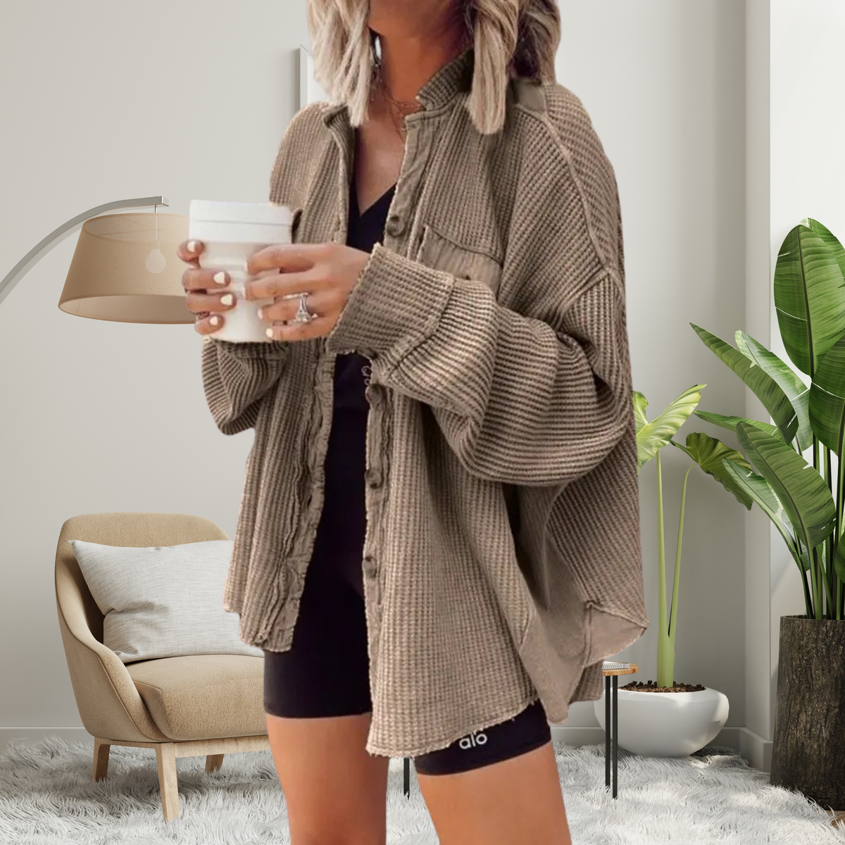 Waffle Knit Drop Shoulder Button Down Shacket