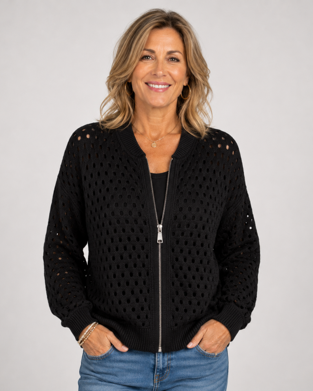 Open Crochet Knit Zip Front Long Sleeve Cardigan 5