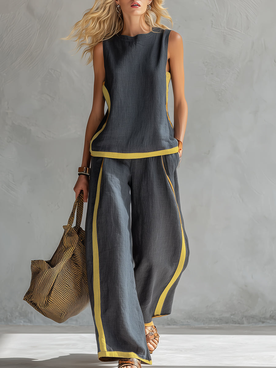Contrast Trim Sleeveless Top and Wide Leg Pants Two Piece Set