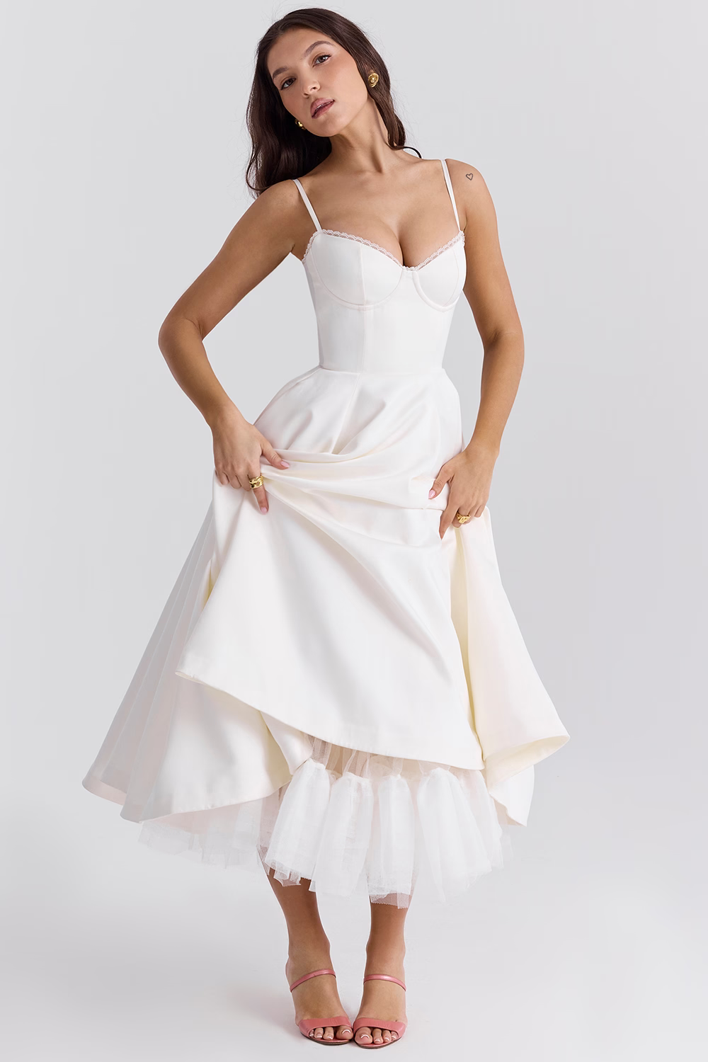 Satin Bustier Sweetheart Lace Trim Pleated Fit and Flare Midi Dress - View 8