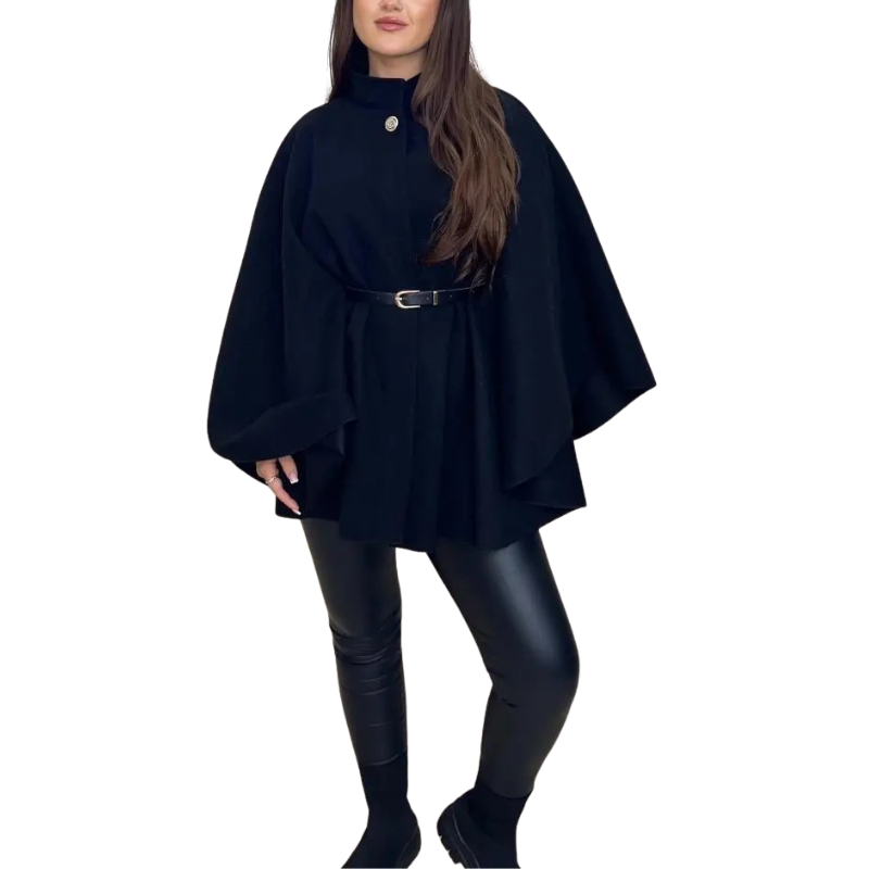 High Neck Belted Button Front Cape Coat 2