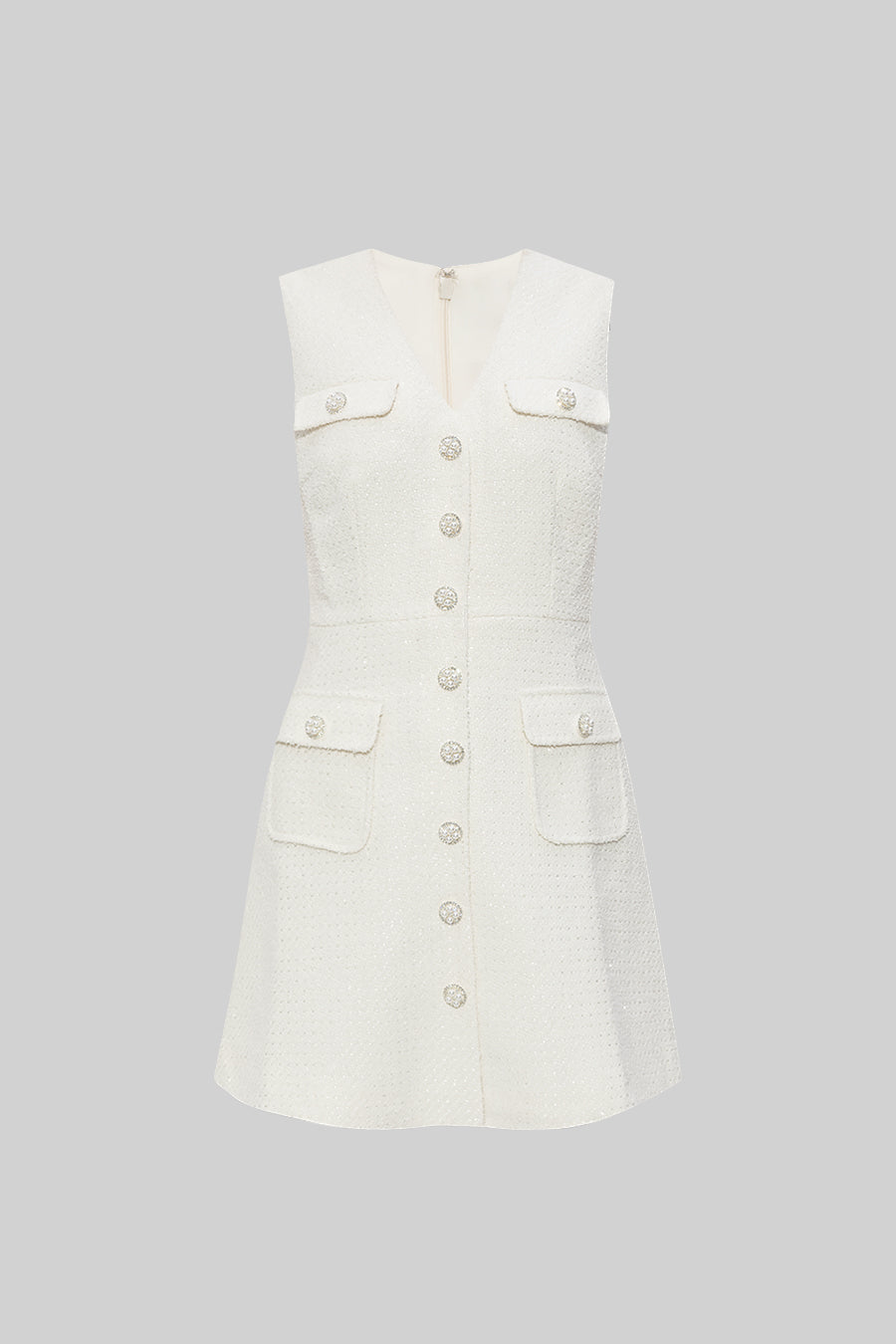 V-Neck Rhinestone Button Four Flap Pocket Boucle Mini Dress - View 20