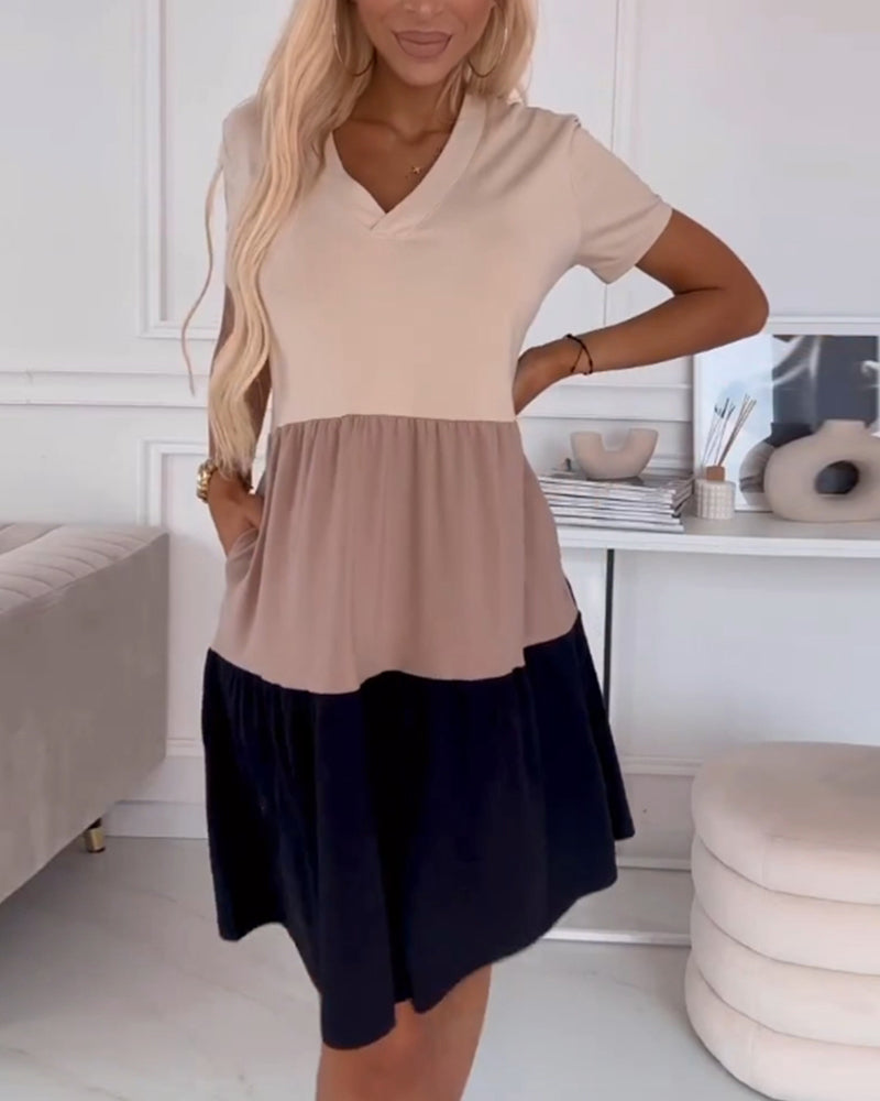 Color Block V-Neck Short Sleeve Tiered Mini Dress 11