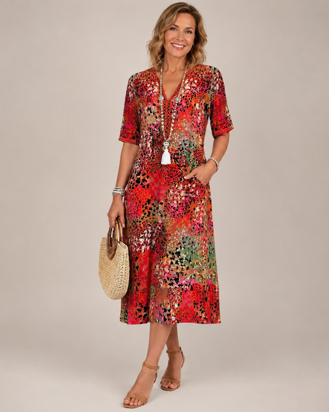 V-Neck Short Sleeve Animal Print Tiered Midi Dress 5