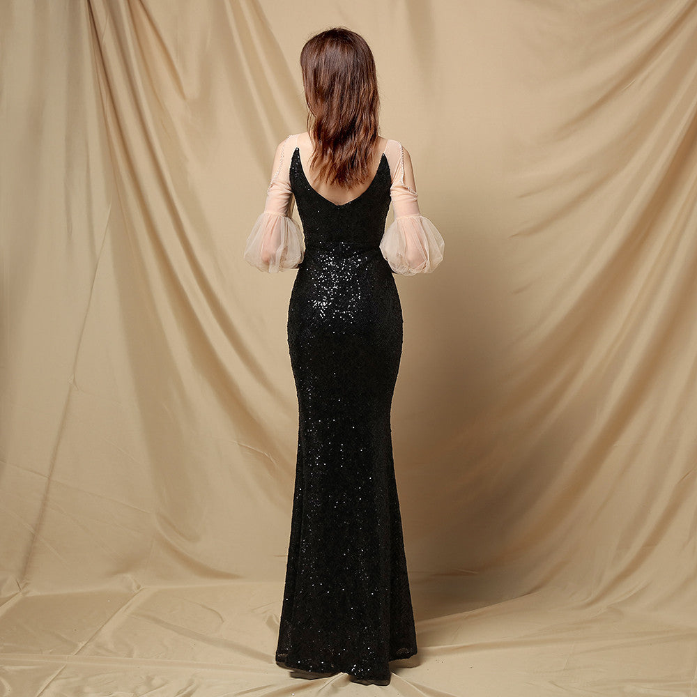 Sequin V-Neck Sheer Puff Sleeve Mermaid Maxi Gown 8