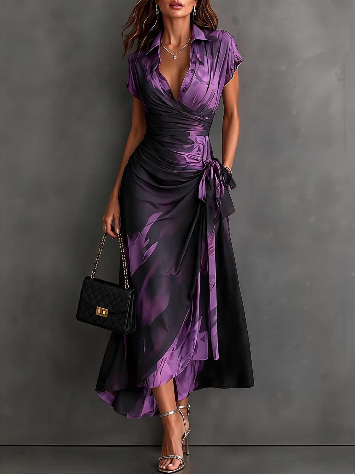 Abstract Print Collared Cap Sleeve Ruched Wrap Maxi Dress 11