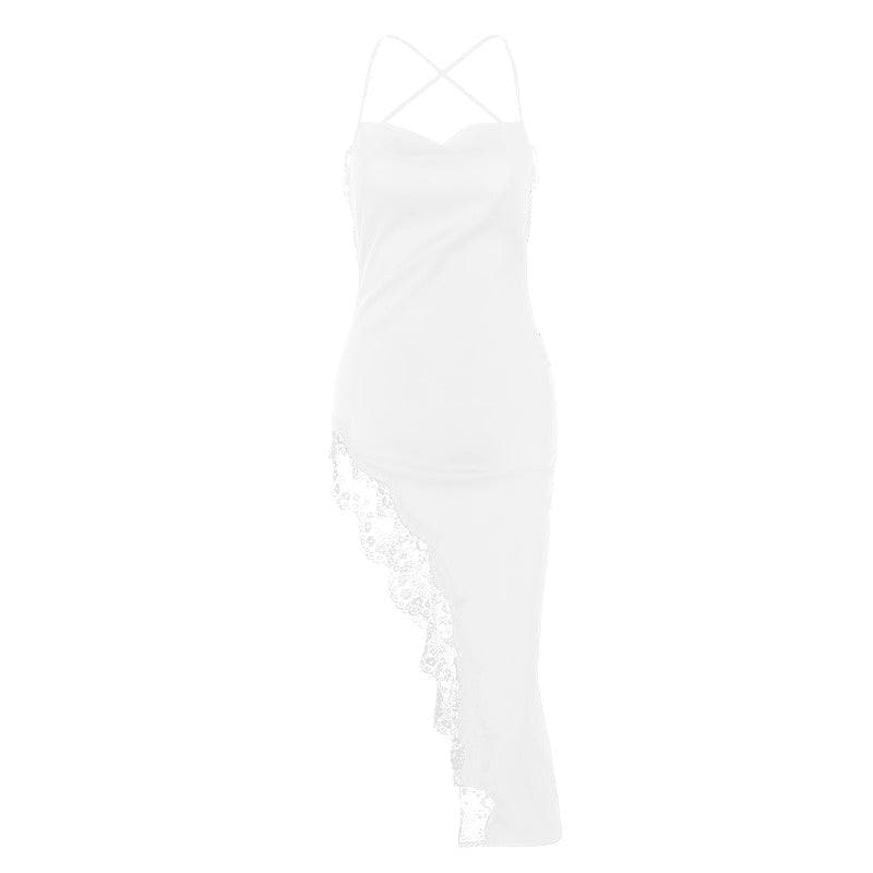 Spaghetti Strap Lace Trim Satin Slip High Split Midi Dress - View 10