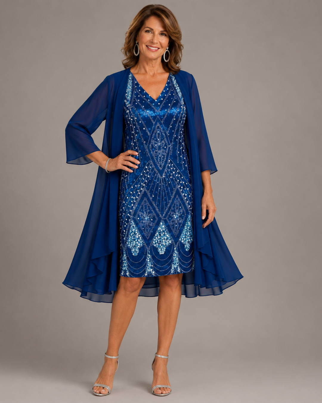 Sequin V-Neck Sheath Dress and Chiffon Duster Two Piece Set 5