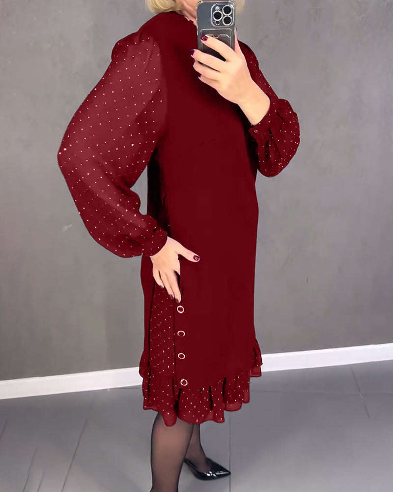 Round Neck Sheer Dot Sleeve Ruffle Hem Shift Midi Dress 10