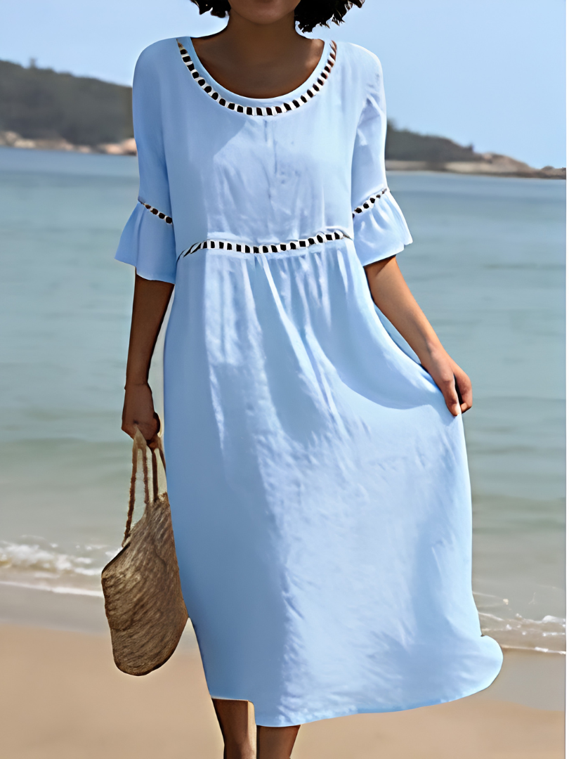 Round Neck Crochet Trim Flare Sleeve Beach Midi Dress 2
