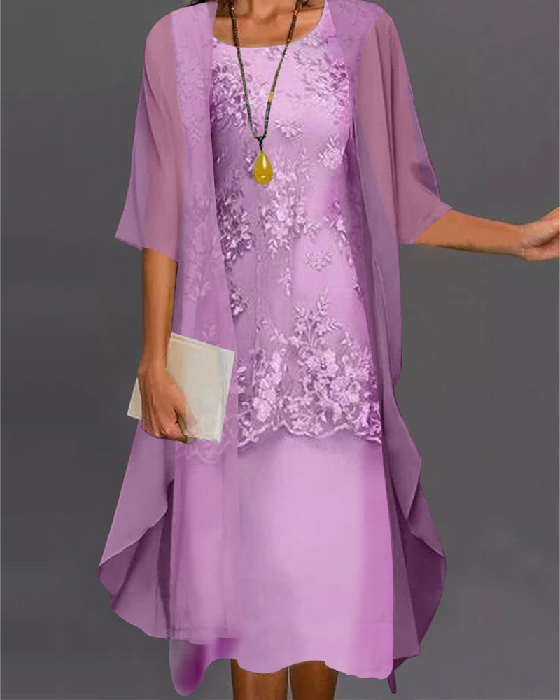 Lace Overlay Sleeveless Midi Chiffon Duster Cardigan Set - View 3