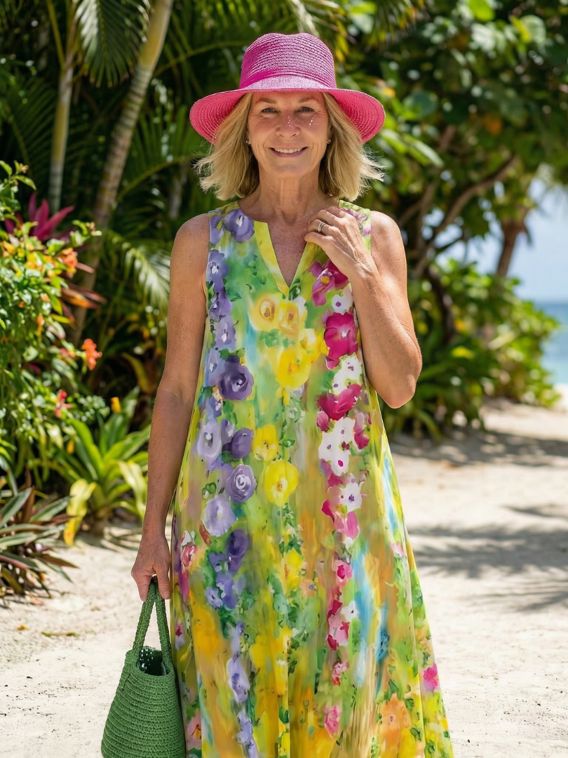 Notch Neck Sleeveless Watercolor Floral Maxi Dress 2