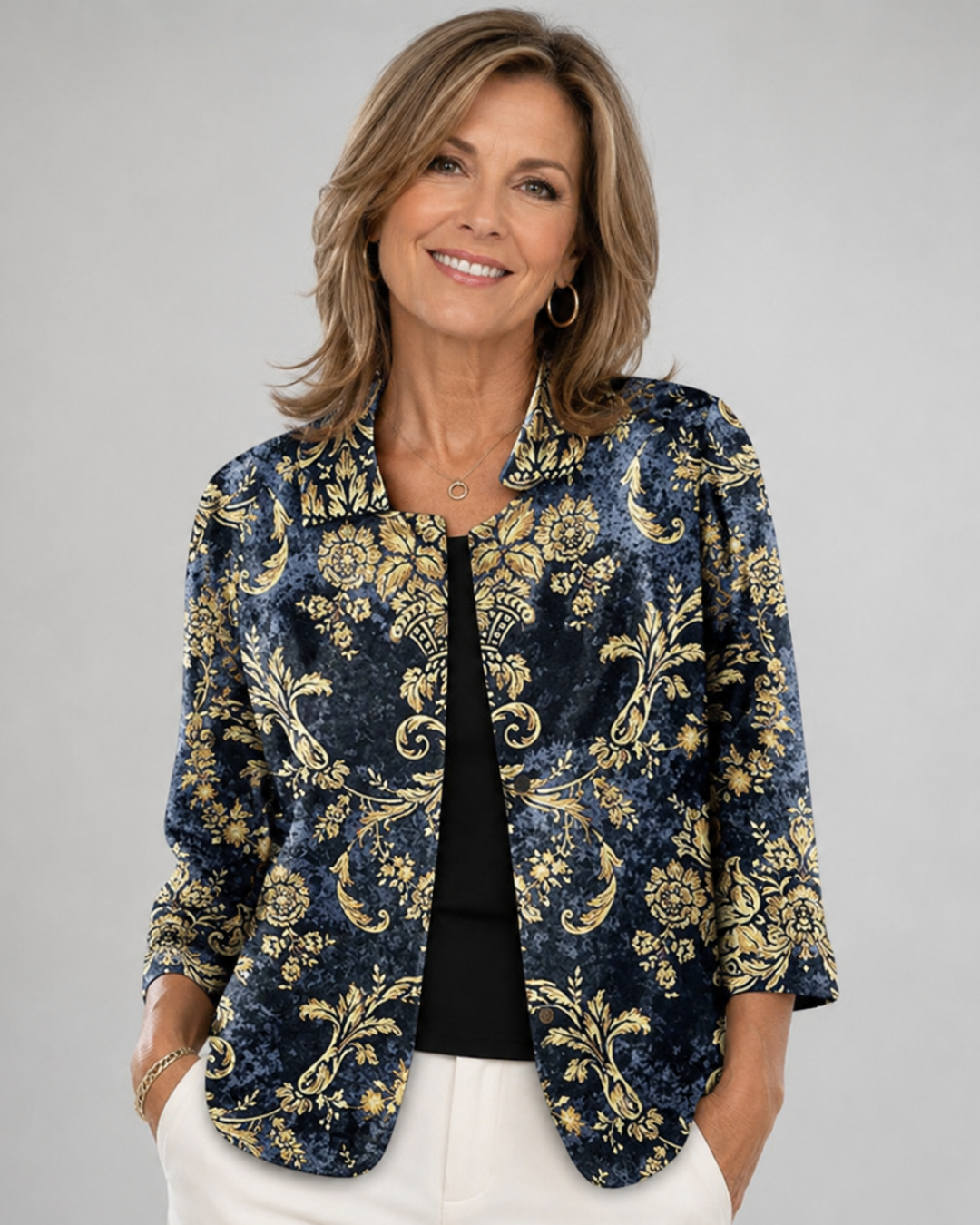 Floral Print Velvet Collared Open Front Jacket