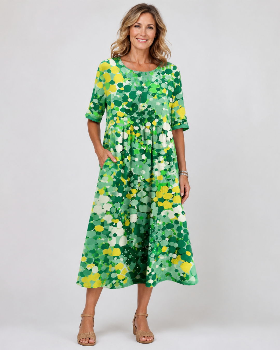 Floral Dot Print Round Neck Short Sleeve Midi Dress 5