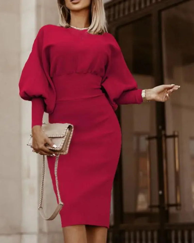 High Neck Puff Long Sleeve Bodycon Pencil Midi Dress - View 3