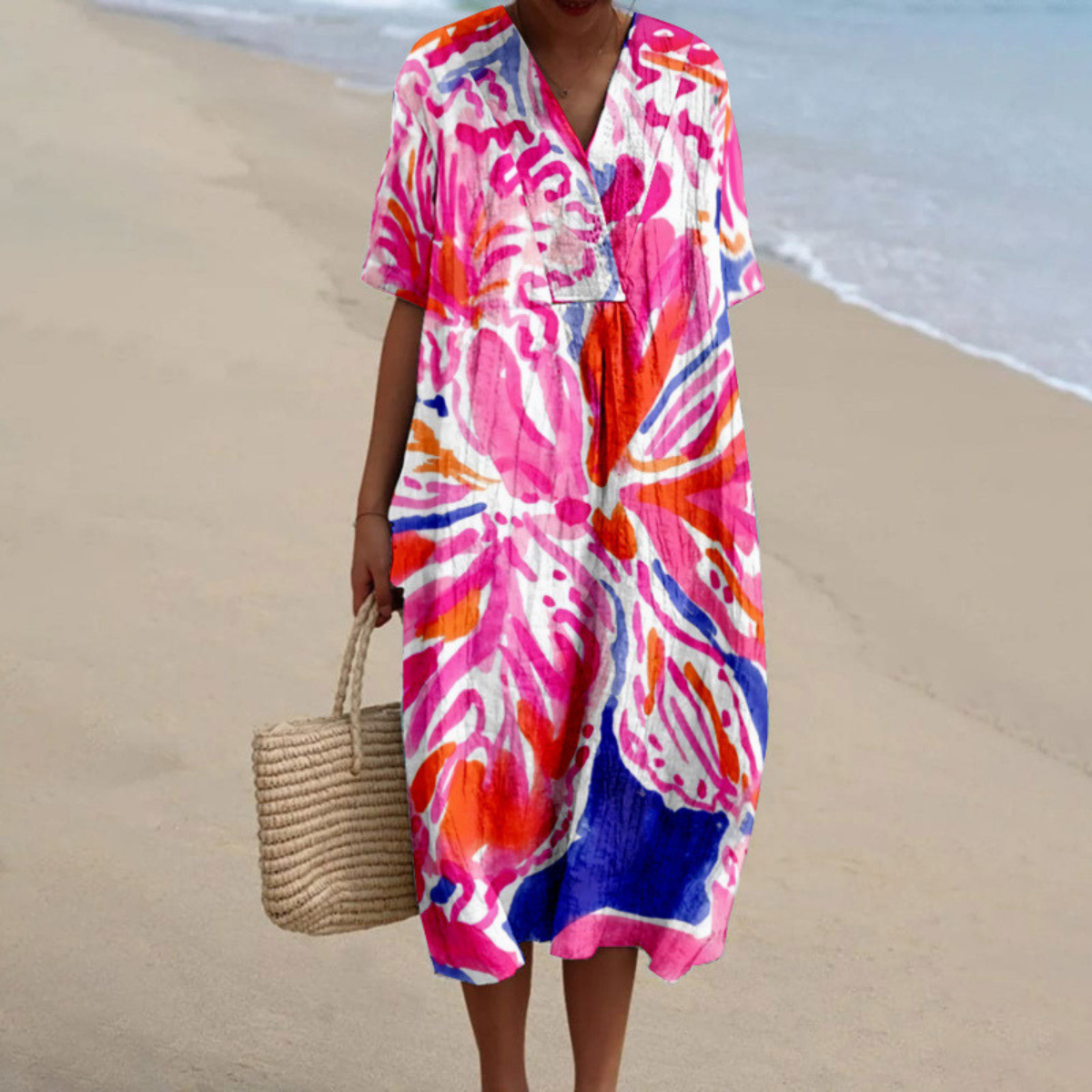 Abstract Circle Print V-Neck Short Sleeve Midi Beach Dress 2