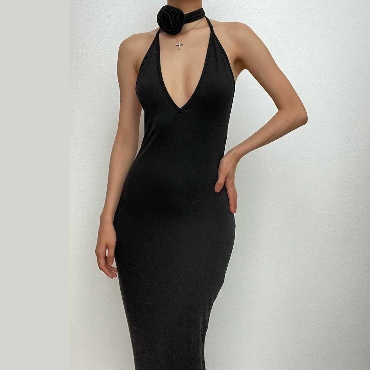 Deep V-Neck Halter Backless Rosette Bodycon Maxi Dress