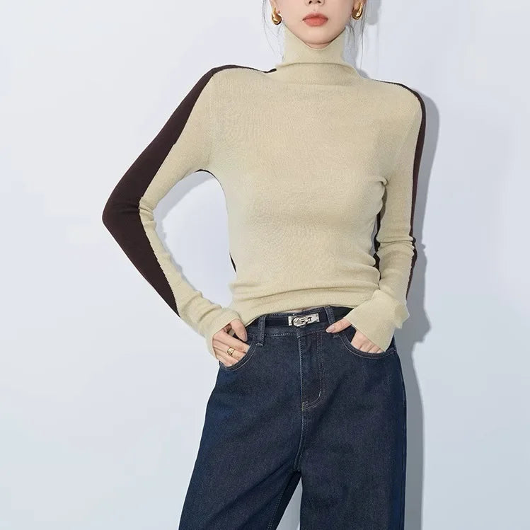 Colorblock Turtleneck Long Sleeve Slim Fit Top 2