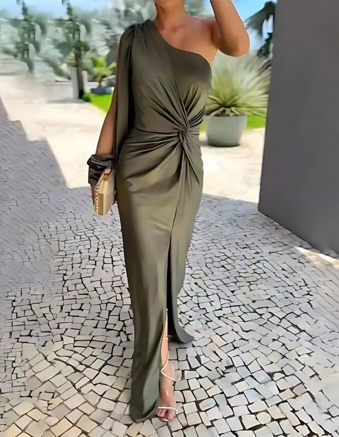 One Shoulder Balloon Sleeve Twist Waist Ruched Bodycon Midi Dress - View 4