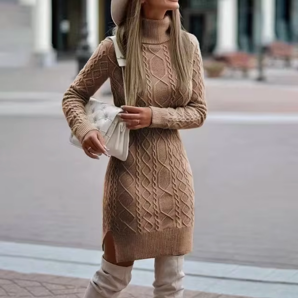 Cable Knit Turtleneck Long Sleeve Ribbed Hem Bodycon Mini Dress - View 2