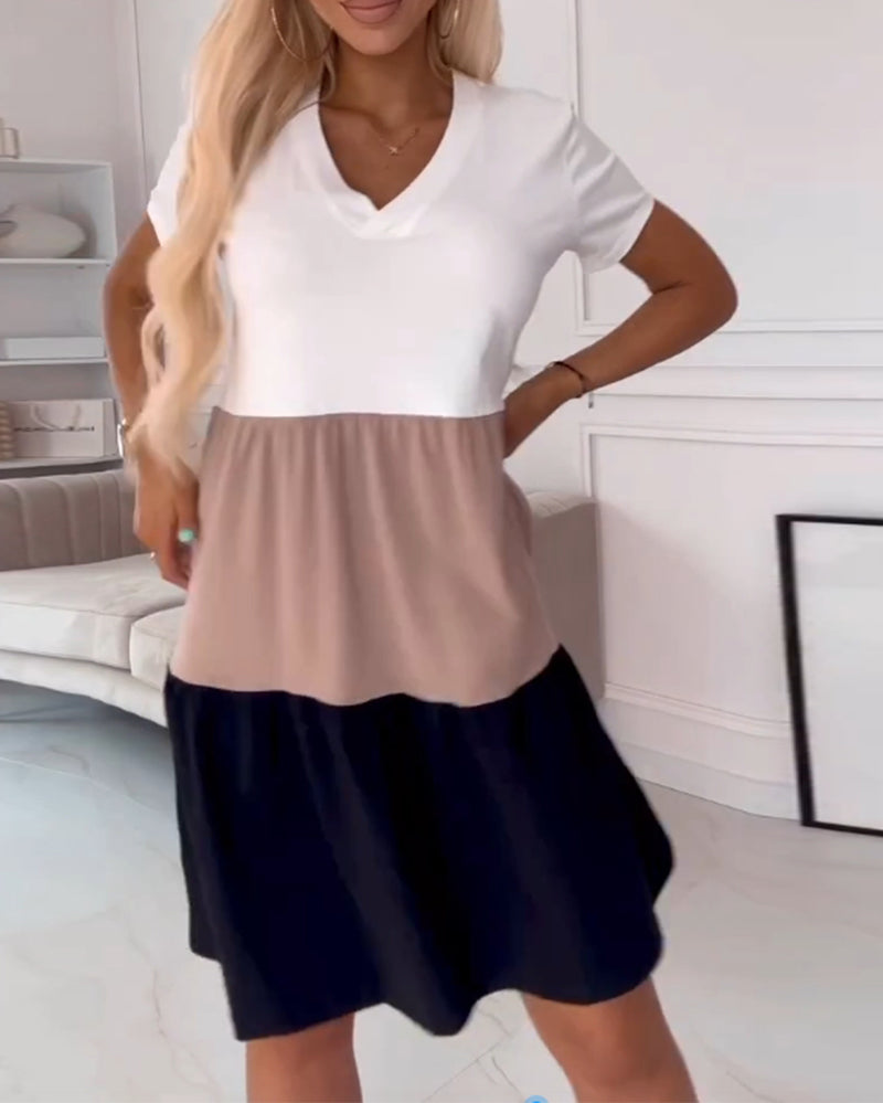 Color Block V-Neck Short Sleeve Tiered Mini Dress 15