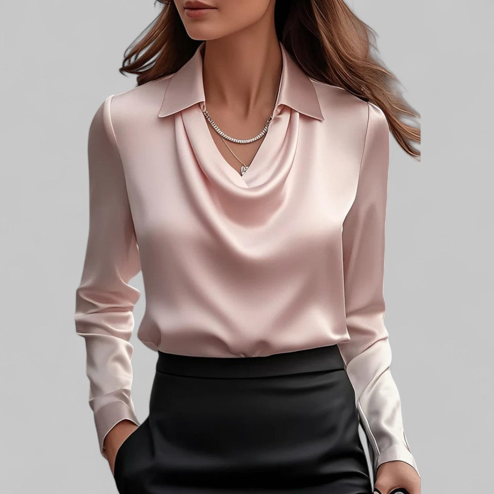 Draped Cowl Neck Long Sleeve Satin Blouse 6