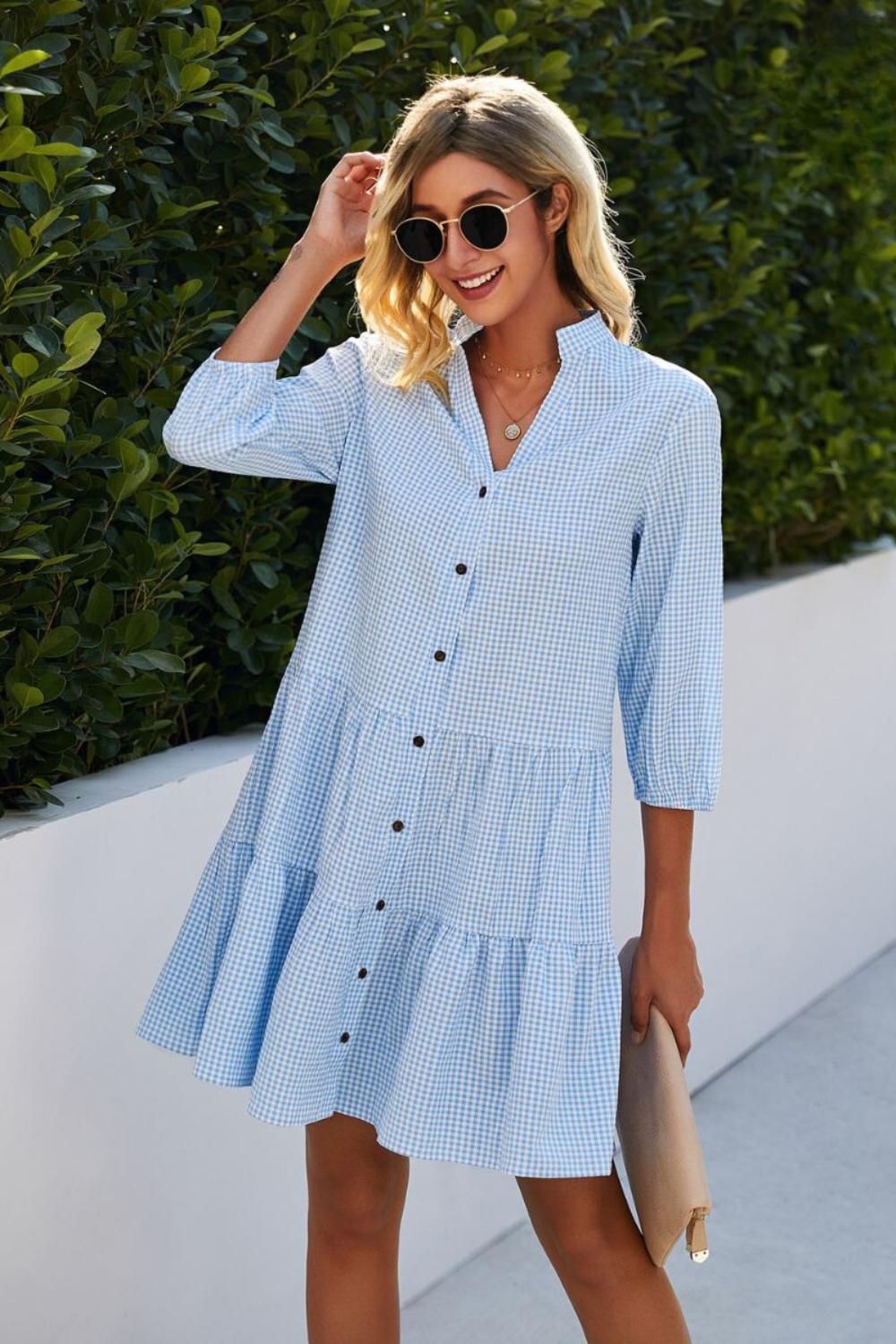 Gingham Check Mandarin Collar V-Neck Button Front Tiered Mini Dress - View 2