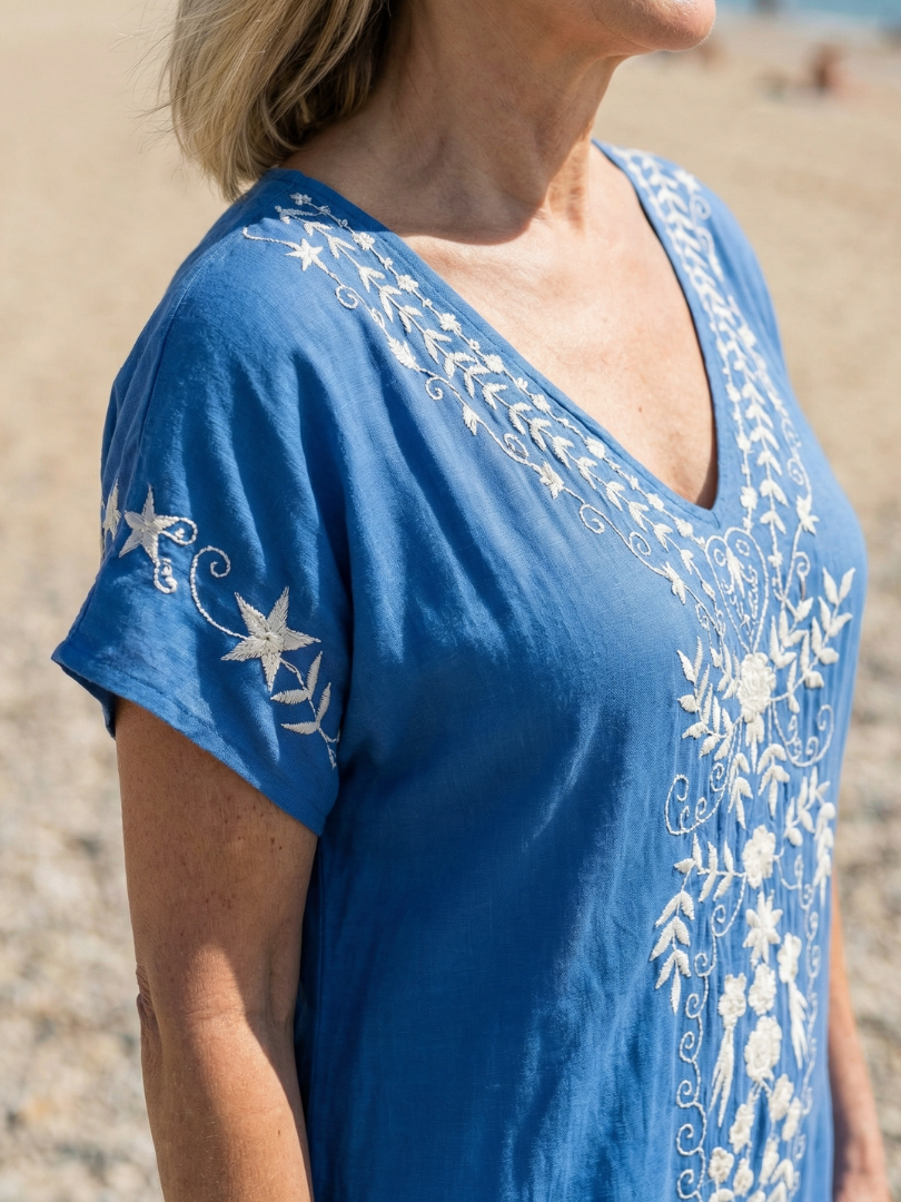 V-Neck Short Sleeve Embroidered Floral Kaftan Maxi Dress 4
