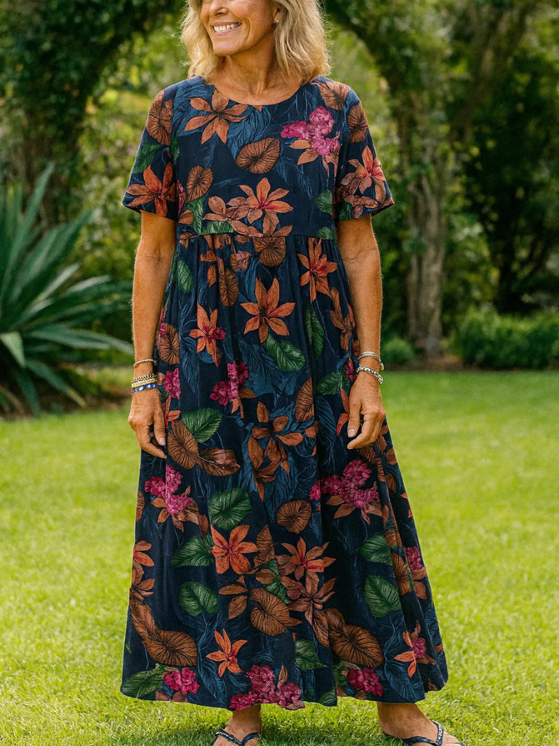 Tropical Floral Round Neck Short Sleeve Maxi Dress 2