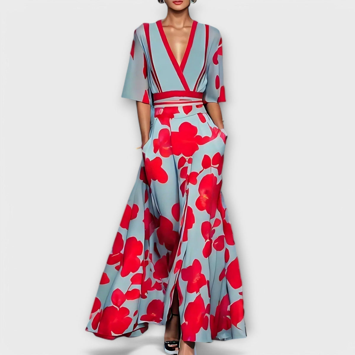 Deep V-Neck Half Sleeve Floral Wide Leg Jumpsuit