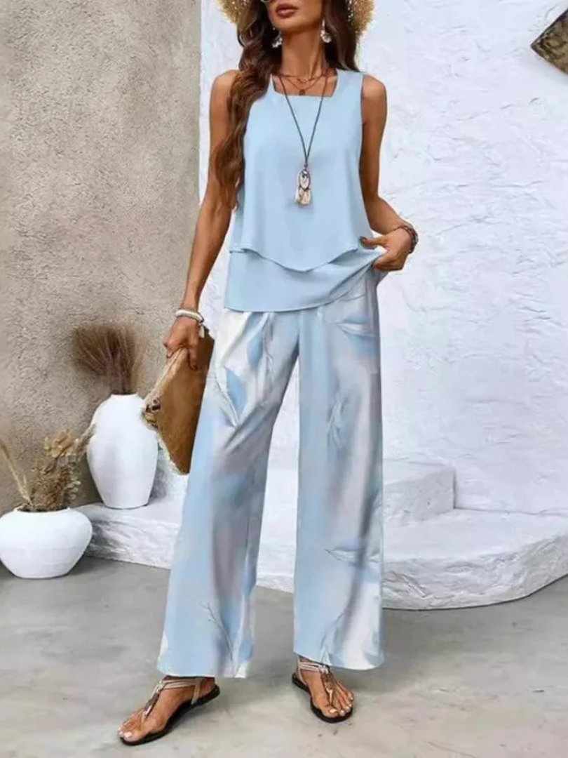 Sleeveless Layered Top and Floral Wide Leg Pants Two Piece Set 3