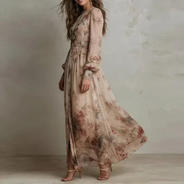 Floral Long Sleeve Front Slit Chiffon Maxi Dress 2