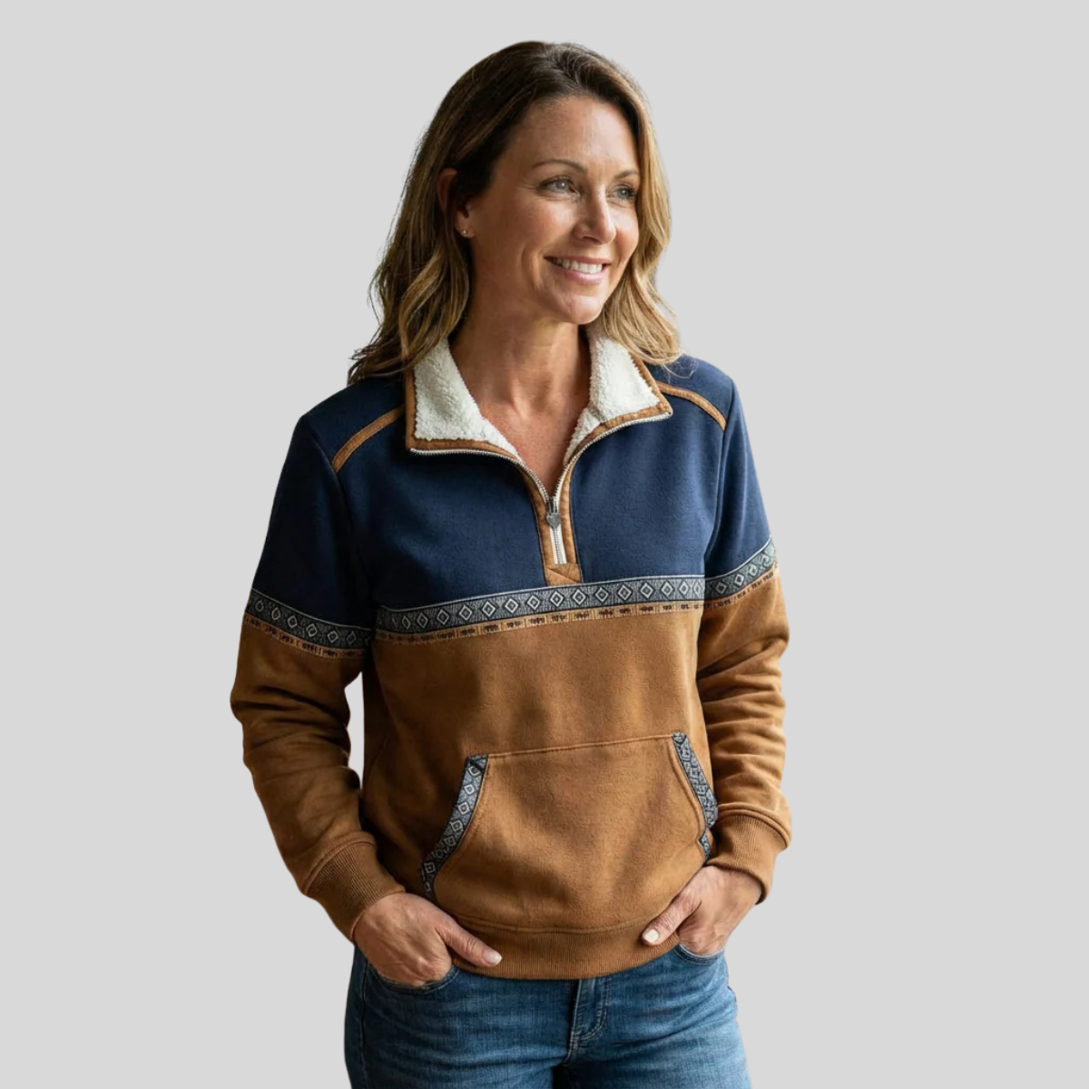 Sherpa Collar Quarter Zip Aztec Trim Sweatshirt 2