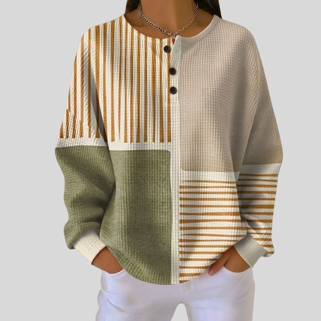 Colorblock Geometric Button Neck Long Sleeve Waffle Knit Top