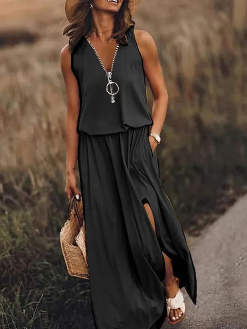 Zip Front V-Neck Sleeveless High Split Maxi Dress 3
