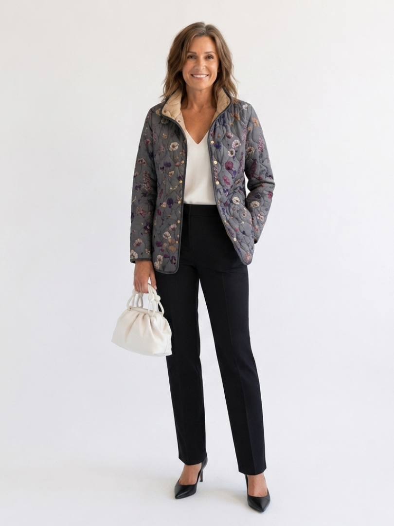 Floral Print Quilted Stand Collar Jacket