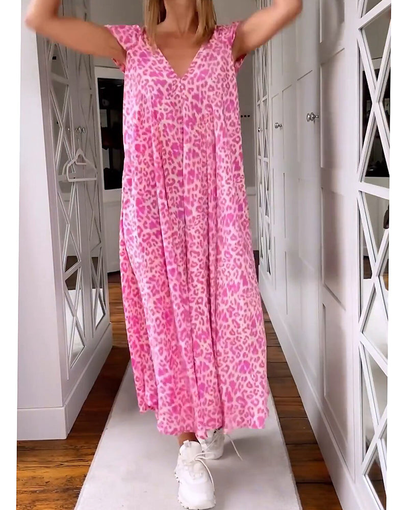 V-Neck Short Sleeve A-Line Midi Dress