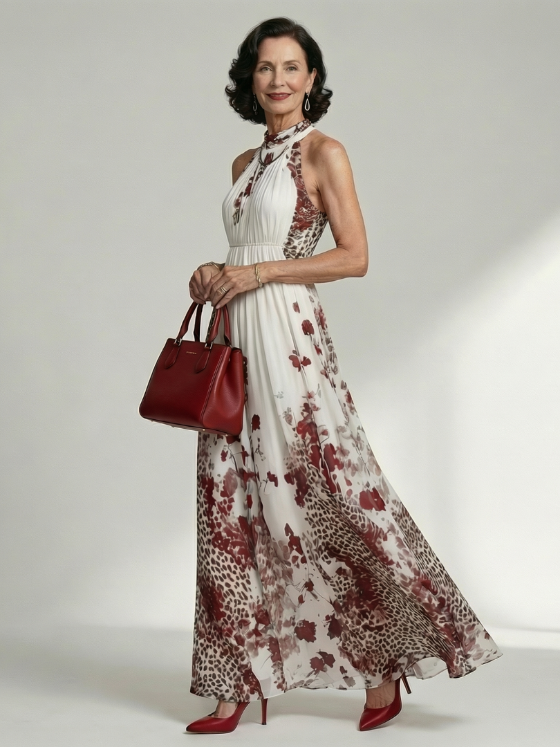 Halter Neck Floral Leopard Print Pleated Maxi Dress 2