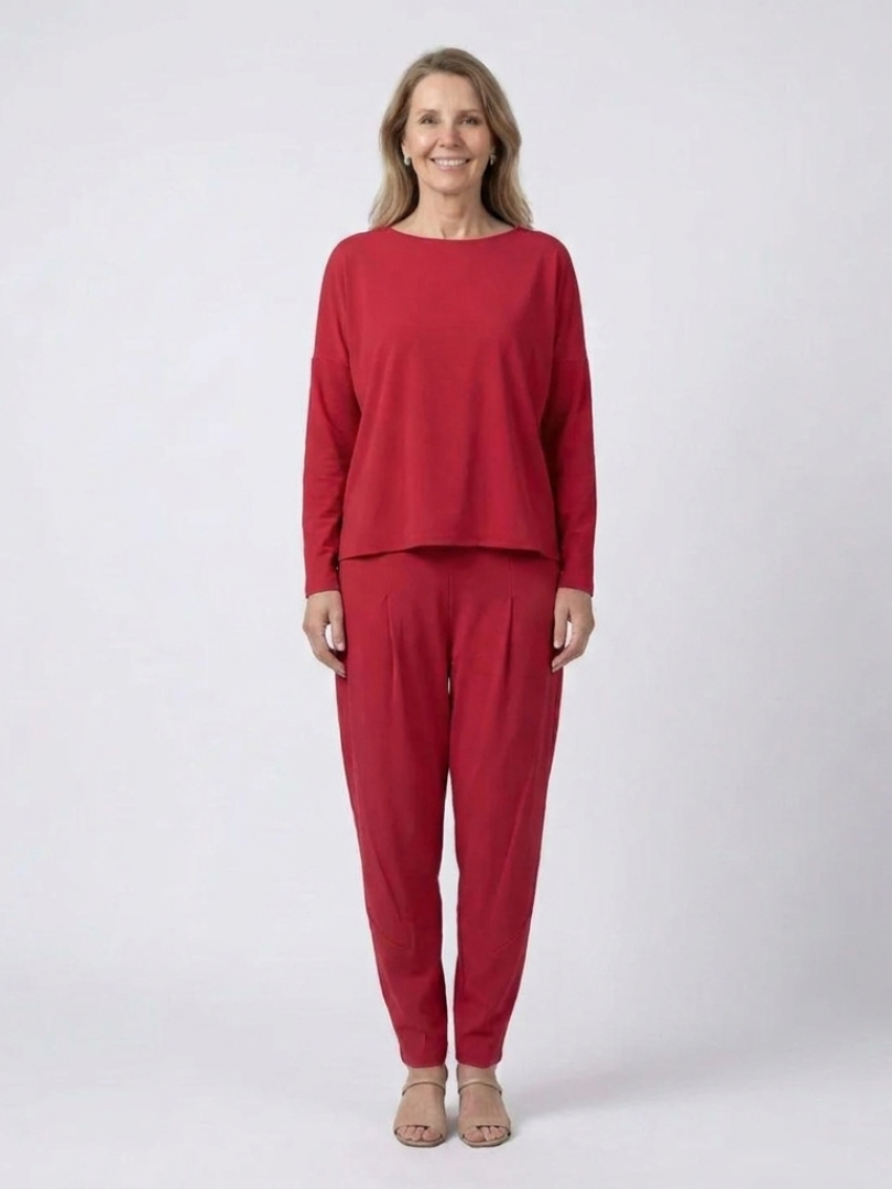 Boat Neck Long Sleeve Top and Tapered Pants Two Piece Set