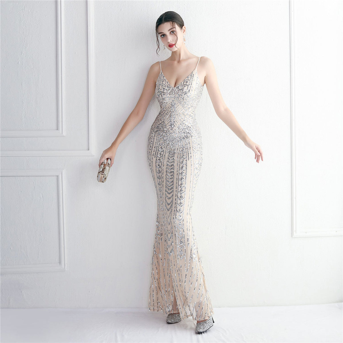 Sequin Geometric Spaghetti Strap V-Neck Mermaid Maxi Gown 6