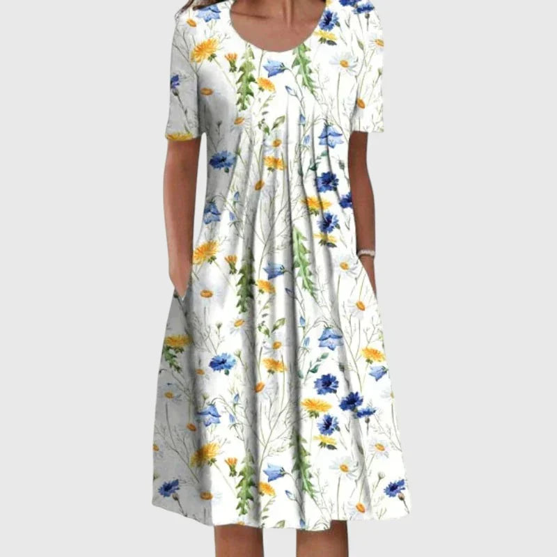 Floral Print Round Neck Short Sleeve Pocket Midi Dress