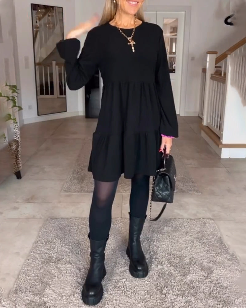 Long Sleeve Crew Neck Tiered Smock Babydoll Mini Dress - View 4