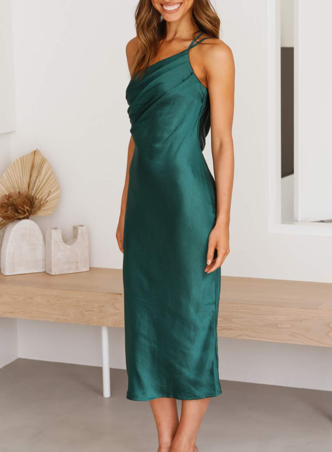 Satin One Shoulder Cowl Neck Spaghetti Strap Slip Midi Dress - View 4