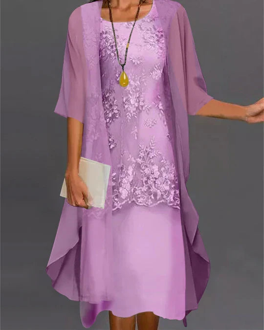Lace Overlay Round Neck Midi Chiffon Open Front Cardigan Set - View 3