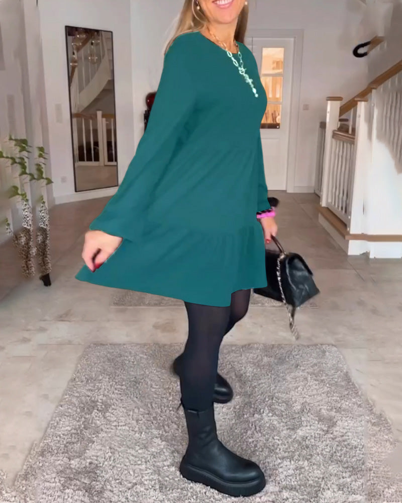 Long Sleeve Crew Neck Tiered Smock Babydoll Mini Dress - View 8