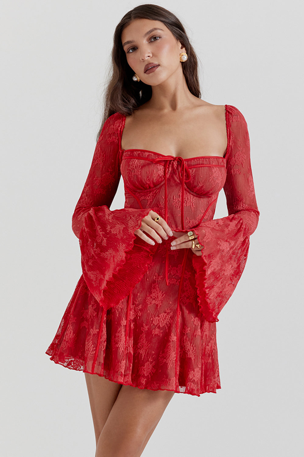 Floral Lace Bell Sleeve Corset Fit and Flare Mini Dress - View 13