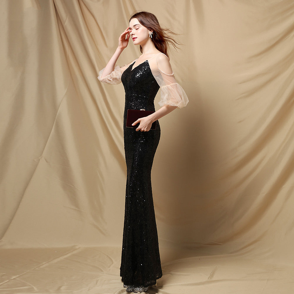 Sequin V-Neck Sheer Puff Sleeve Mermaid Maxi Gown 11