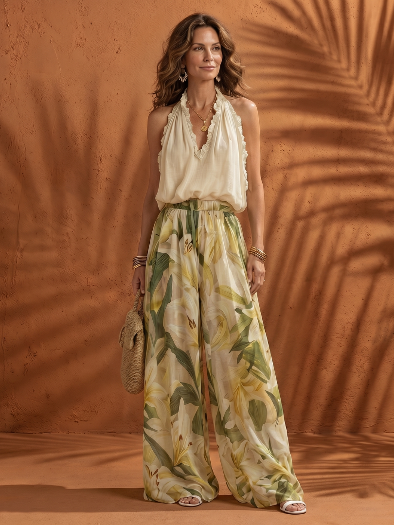 Halter Neck Ruffle Top and Floral Wide Leg Pants Two Piece Set 2